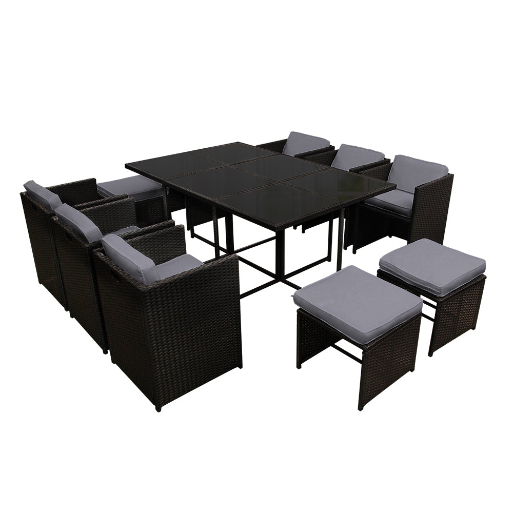 Gardeon 11 Piece PE Wicker Outdoor Dining Set in Black with grey cushions, featuring a glass top table and stylish design.