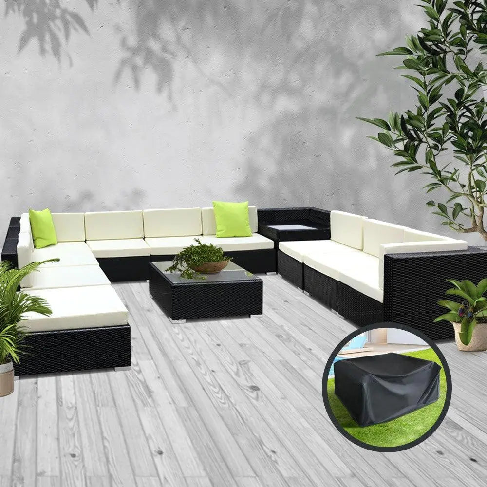 Gardeon 12PC Outdoor Furniture Set featuring wicker sofa lounge with cushions and a glass-top table, perfect for outdoor relaxation.