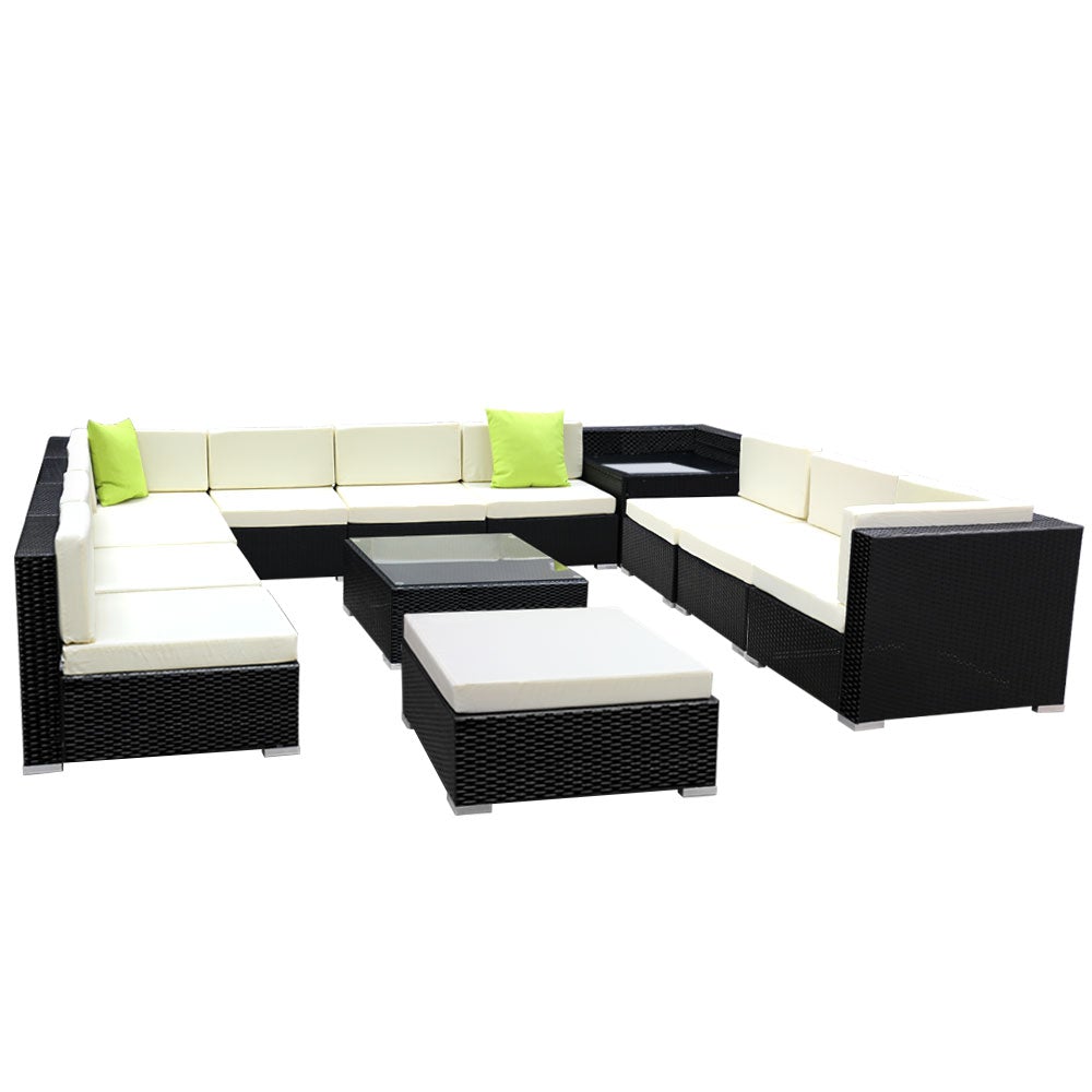 Gardeon 13PC Outdoor Sofa Set featuring wicker design, beige cushions, and lime green throw pillows, perfect for outdoor lounging.