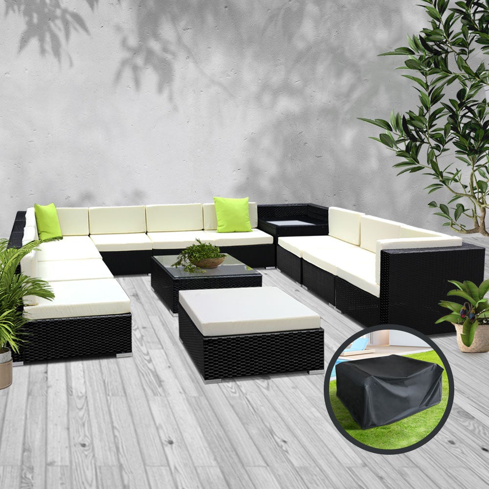 Gardeon 13PC Outdoor Sofa Set featuring wicker design, beige cushions, and lime green throw pillows, perfect for outdoor lounging.