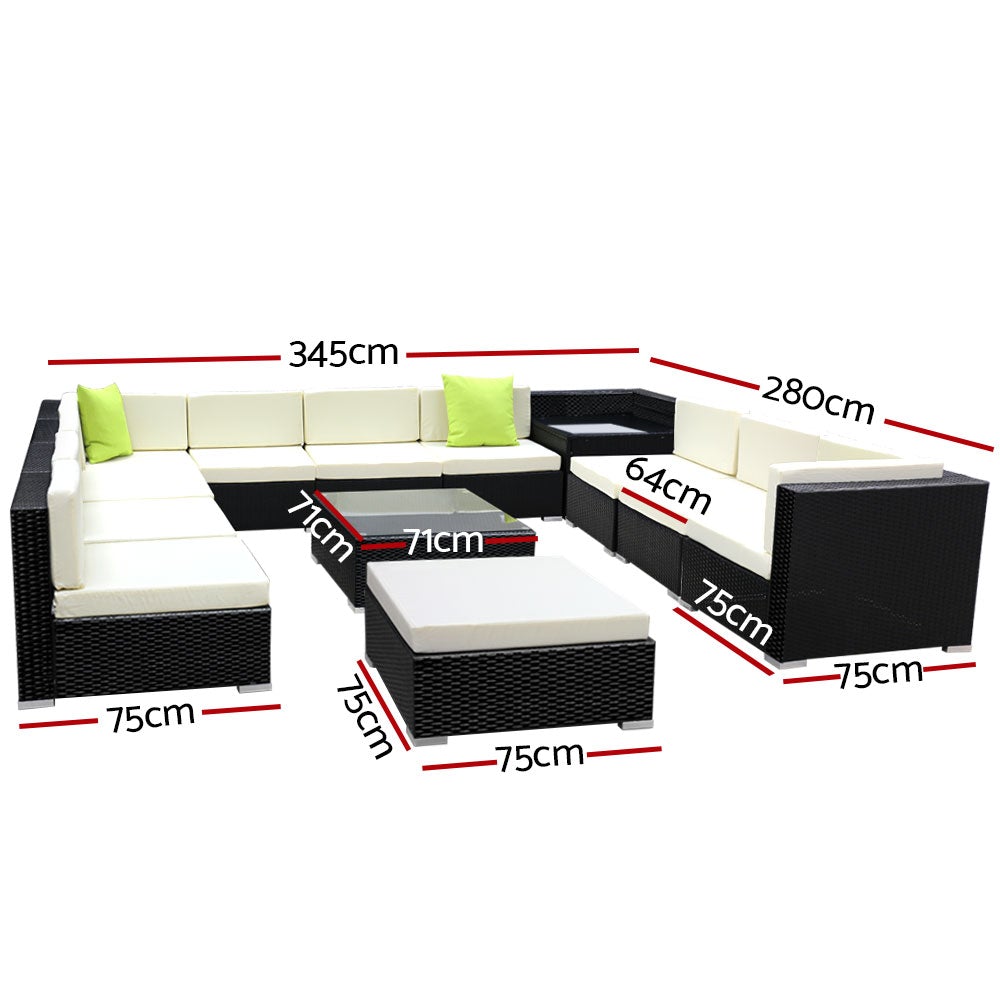 Gardeon 13PC Outdoor Sofa Set featuring wicker design, beige cushions, and lime green throw pillows, perfect for outdoor lounging.