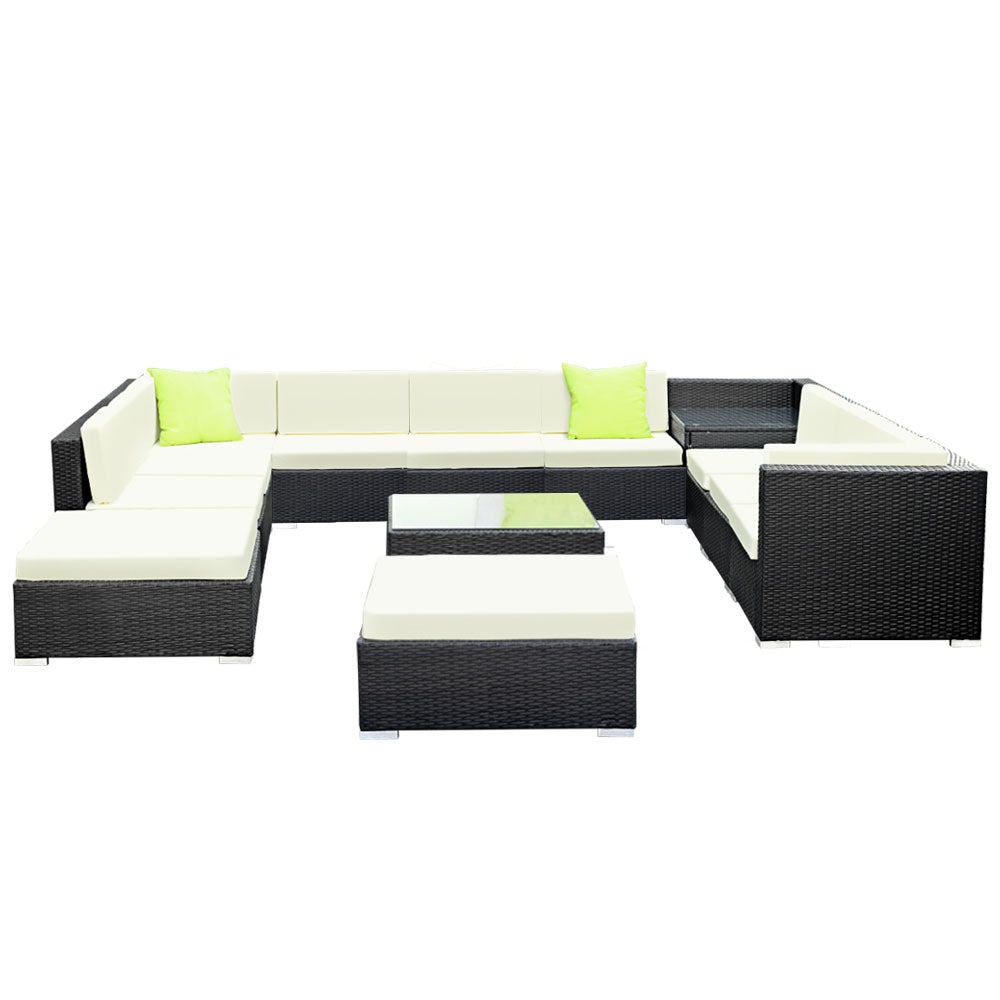 Gardeon 13PC Outdoor Sofa Set featuring wicker design, beige cushions, and lime green throw pillows, perfect for outdoor lounging.