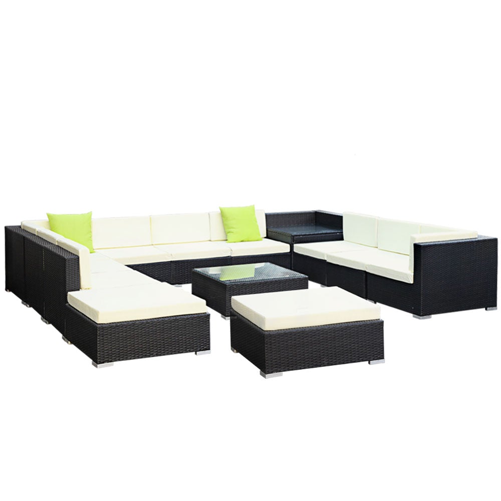 Gardeon 13PC Outdoor Sofa Set featuring wicker design, beige cushions, and lime green throw pillows, perfect for outdoor lounging.