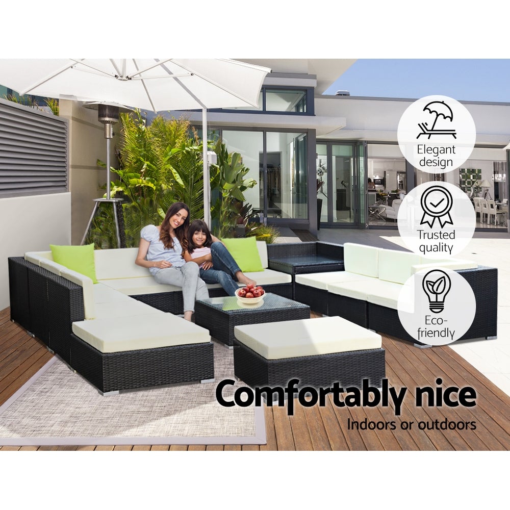 Gardeon 13PC Outdoor Sofa Set featuring wicker design, beige cushions, and lime green throw pillows, perfect for outdoor lounging.