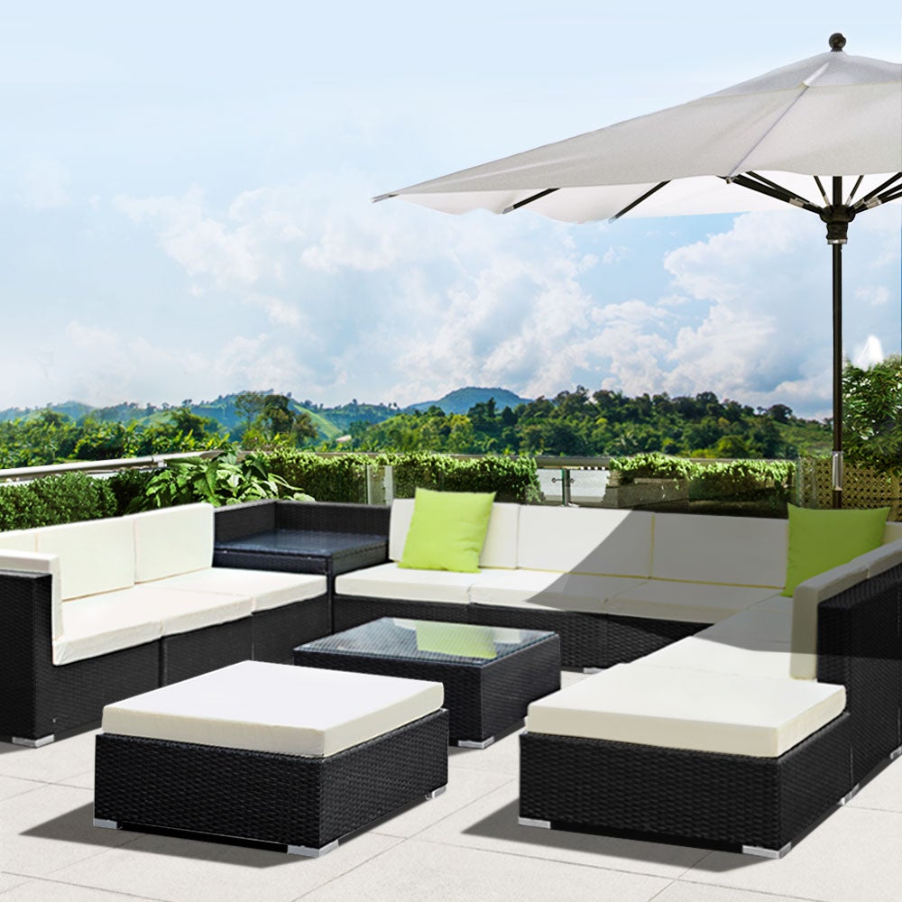 Gardeon 13PC Outdoor Sofa Set featuring wicker design, beige cushions, and lime green throw pillows, perfect for outdoor lounging.