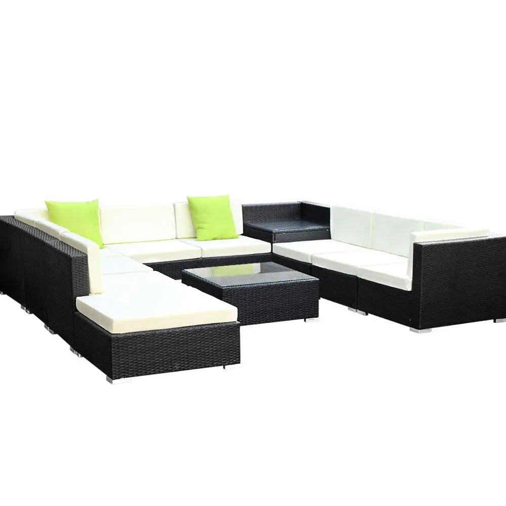 Gardeon 11PC Outdoor Furniture Sofa Set featuring black aluminum frame, beige cushions, and lime green throw pillows in a garden setting.