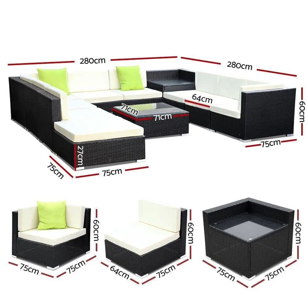 Gardeon 11PC Outdoor Furniture Sofa Set featuring black aluminum frame, beige cushions, and lime green throw pillows in a garden setting.