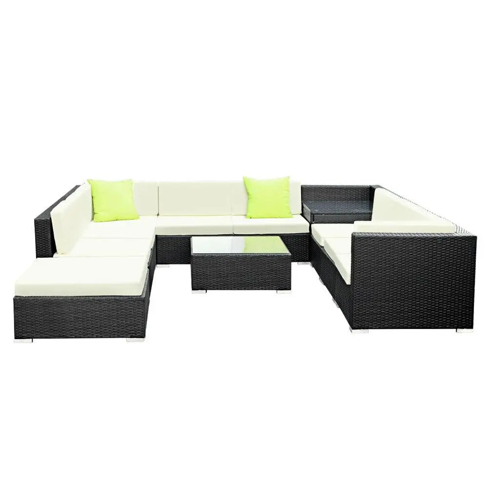 Gardeon 11PC Outdoor Furniture Sofa Set featuring black aluminum frame, beige cushions, and lime green throw pillows in a garden setting.