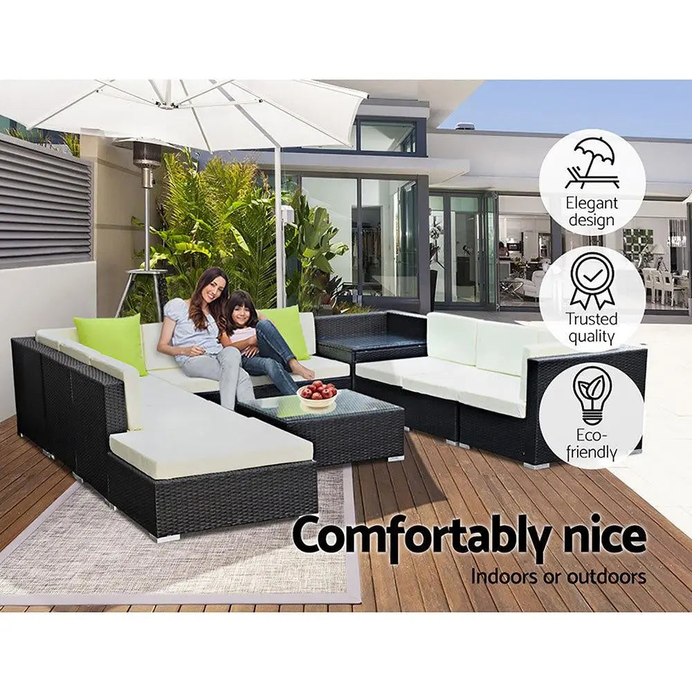 Gardeon 11PC Outdoor Furniture Sofa Set featuring black aluminum frame, beige cushions, and lime green throw pillows in a garden setting.