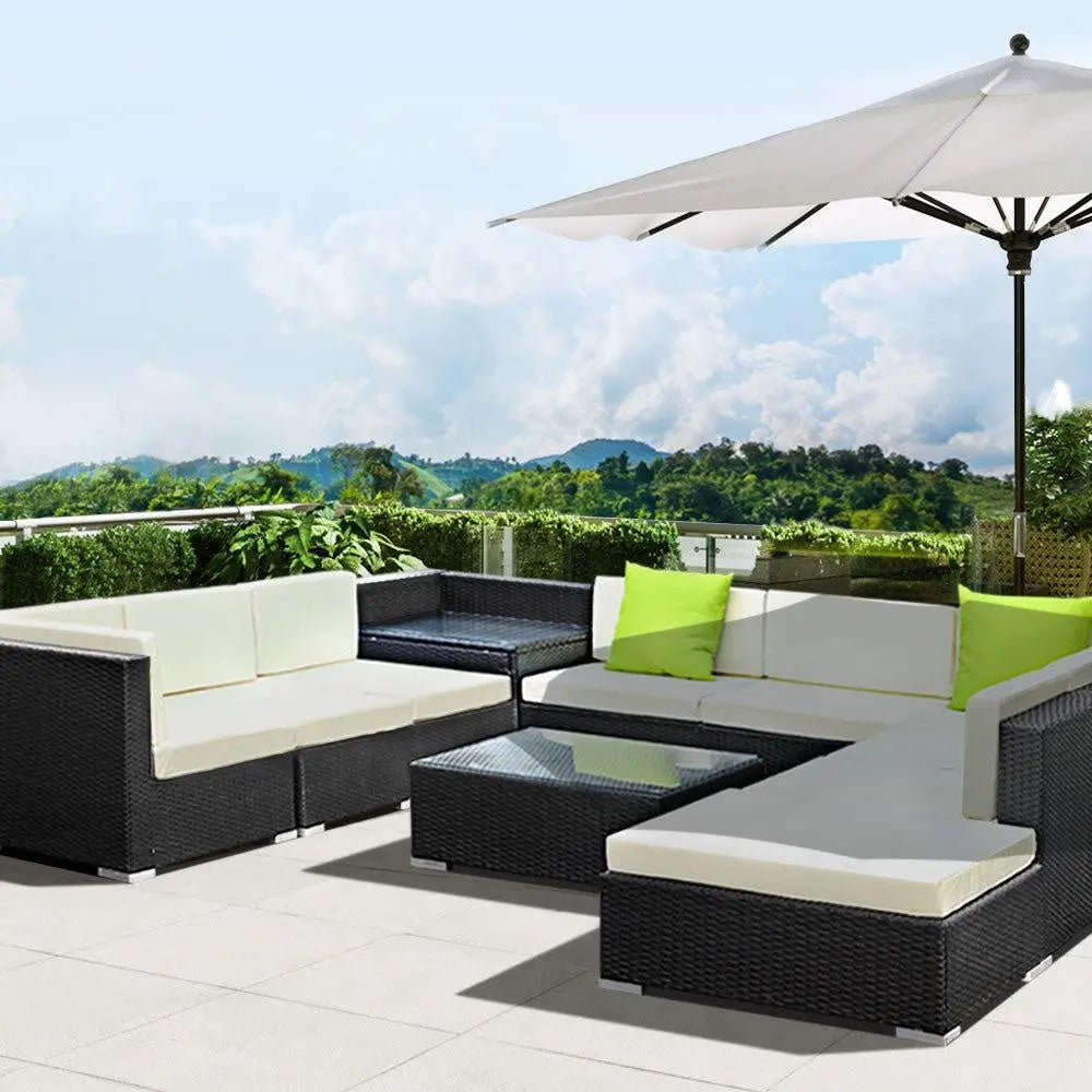 Gardeon 11PC Outdoor Furniture Sofa Set featuring black aluminum frame, beige cushions, and lime green throw pillows in a garden setting.