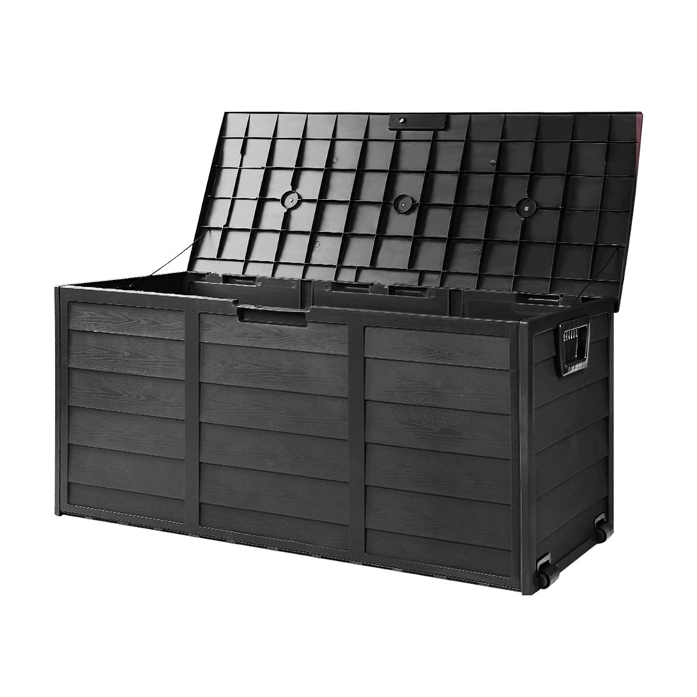 Gardeon 290L Outdoor Storage Box in all black, showcasing its spacious design and lockable lid, ideal for outdoor and indoor storage.