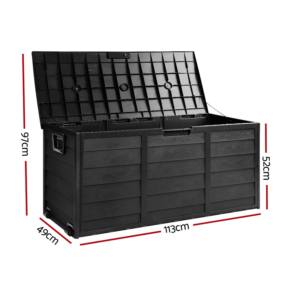 Gardeon 290L Outdoor Storage Box in all black, showcasing its spacious design and lockable lid, ideal for outdoor and indoor storage.