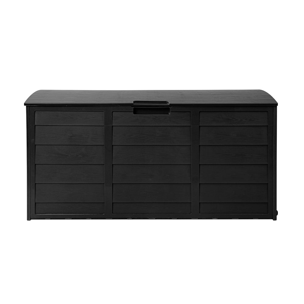 Gardeon 290L Outdoor Storage Box in all black, showcasing its spacious design and lockable lid, ideal for outdoor and indoor storage.