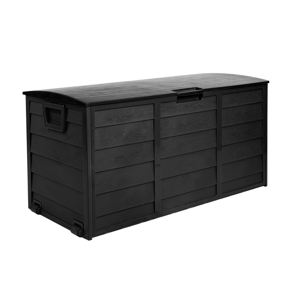 Gardeon 290L Outdoor Storage Box in all black, showcasing its spacious design and lockable lid, ideal for outdoor and indoor storage.