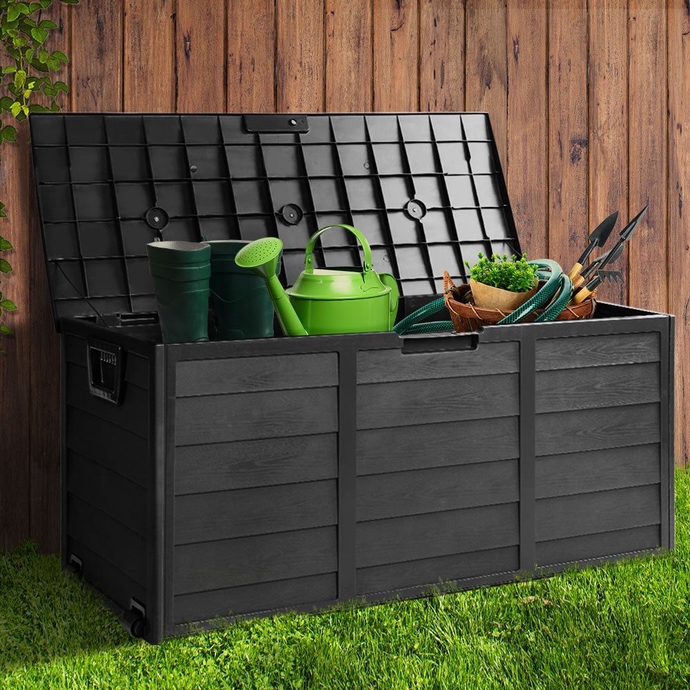 Gardeon 290L Outdoor Storage Box in all black, showcasing its spacious design and lockable lid, ideal for outdoor and indoor storage.