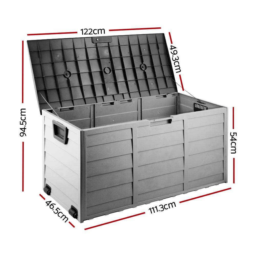 Gardeon 290L Outdoor Storage Box in black, showcasing its spacious design and integrated wheels for easy mobility.