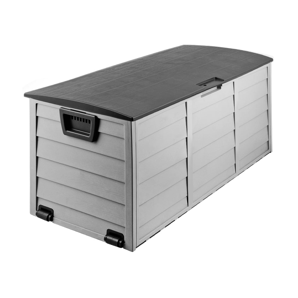 Gardeon 290L Outdoor Storage Box in black, showcasing its spacious design and integrated wheels for easy mobility.