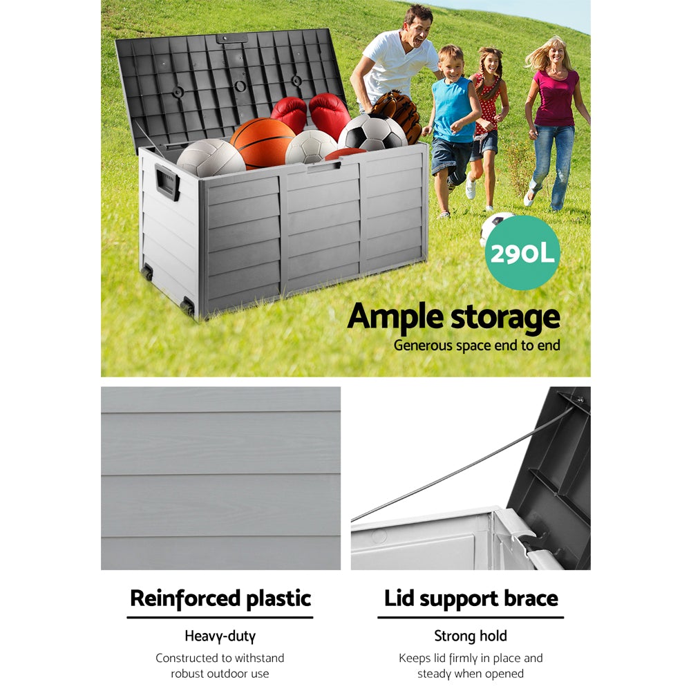 Gardeon 290L Outdoor Storage Box in black, showcasing its spacious design and integrated wheels for easy mobility.