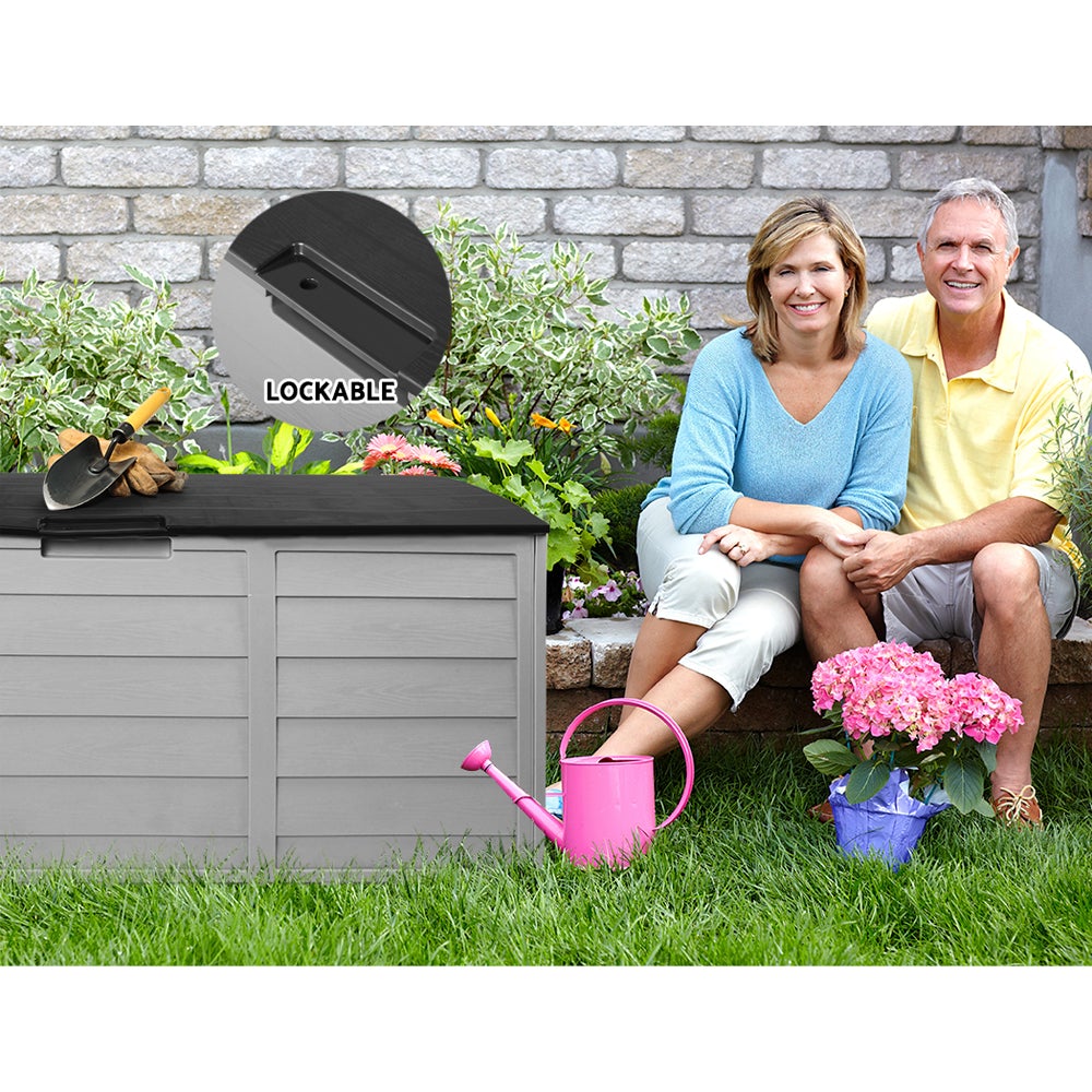 Gardeon 290L Outdoor Storage Box in black, showcasing its spacious design and integrated wheels for easy mobility.