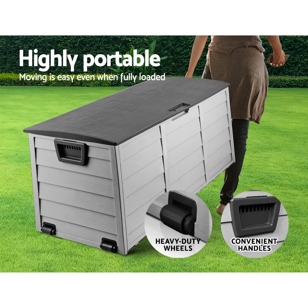 Gardeon 290L Outdoor Storage Box in black, showcasing its spacious design and integrated wheels for easy mobility.