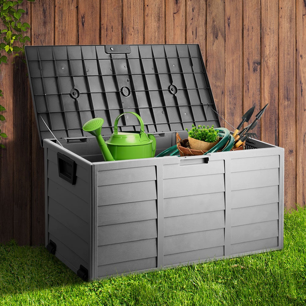 Gardeon 290L Outdoor Storage Box in black, showcasing its spacious design and integrated wheels for easy mobility.