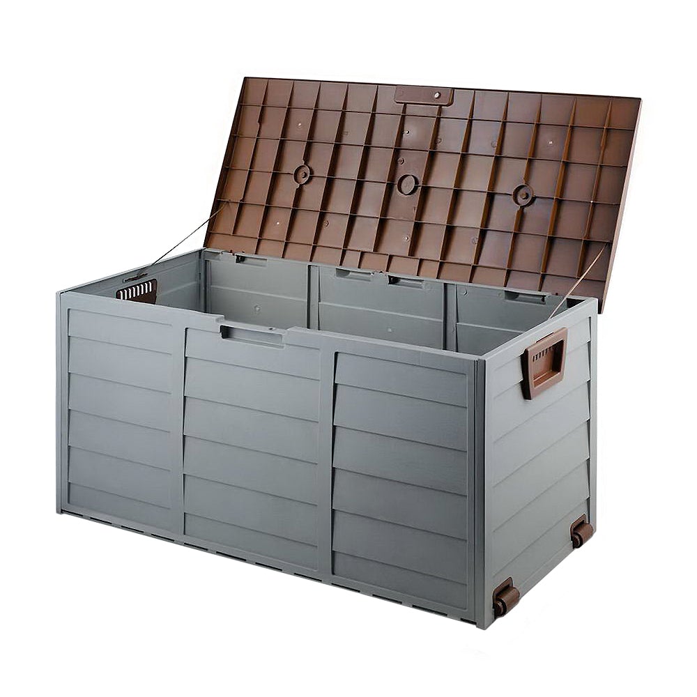 Gardeon 290L Outdoor Storage Box in brown, showcasing its spacious design and lockable lid, ideal for outdoor and indoor storage.