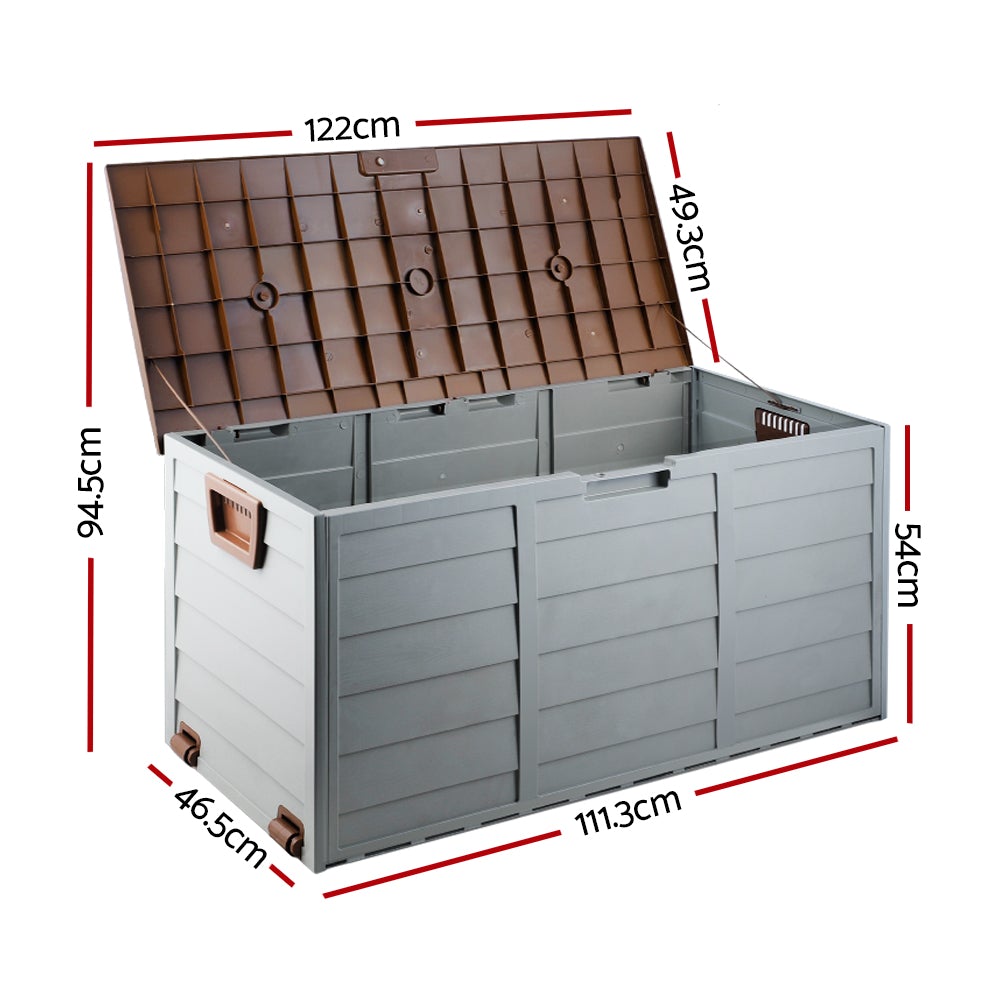 Gardeon 290L Outdoor Storage Box in brown, showcasing its spacious design and lockable lid, ideal for outdoor and indoor storage.