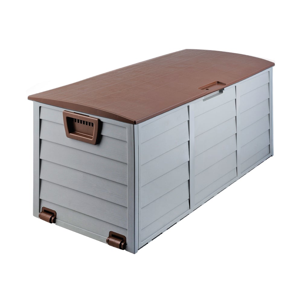 Gardeon 290L Outdoor Storage Box in brown, showcasing its spacious design and lockable lid, ideal for outdoor and indoor storage.