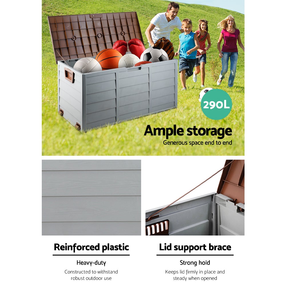 Gardeon 290L Outdoor Storage Box in brown, showcasing its spacious design and lockable lid, ideal for outdoor and indoor storage.