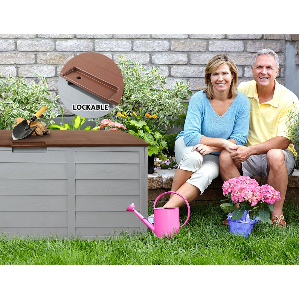 Gardeon 290L Outdoor Storage Box in brown, showcasing its spacious design and lockable lid, ideal for outdoor and indoor storage.