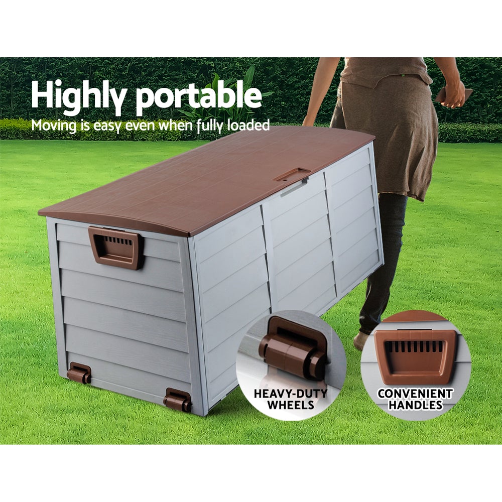 Gardeon 290L Outdoor Storage Box in brown, showcasing its spacious design and lockable lid, ideal for outdoor and indoor storage.