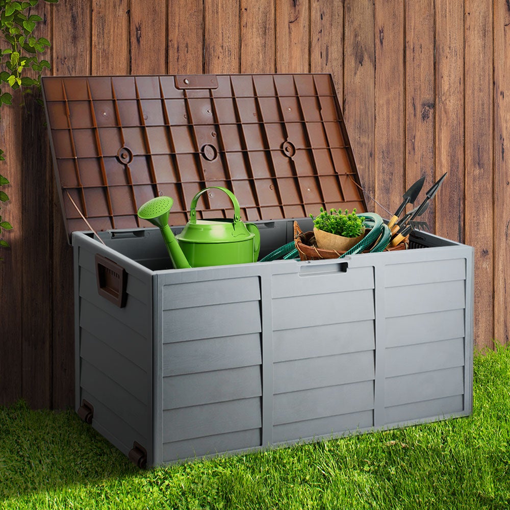 Gardeon 290L Outdoor Storage Box in brown, showcasing its spacious design and lockable lid, ideal for outdoor and indoor storage.