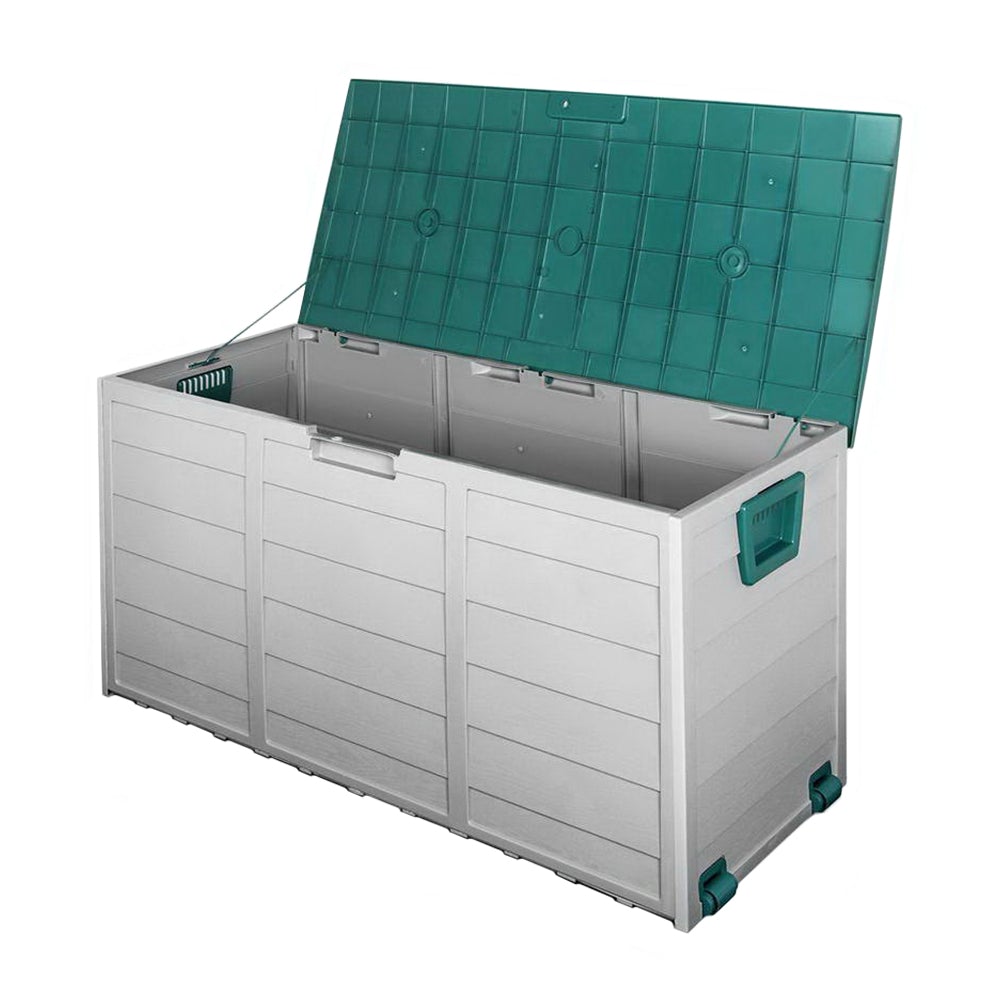 Gardeon 290L Outdoor Storage Box in green, showcasing its spacious design and lockable lid, ideal for outdoor and indoor storage.