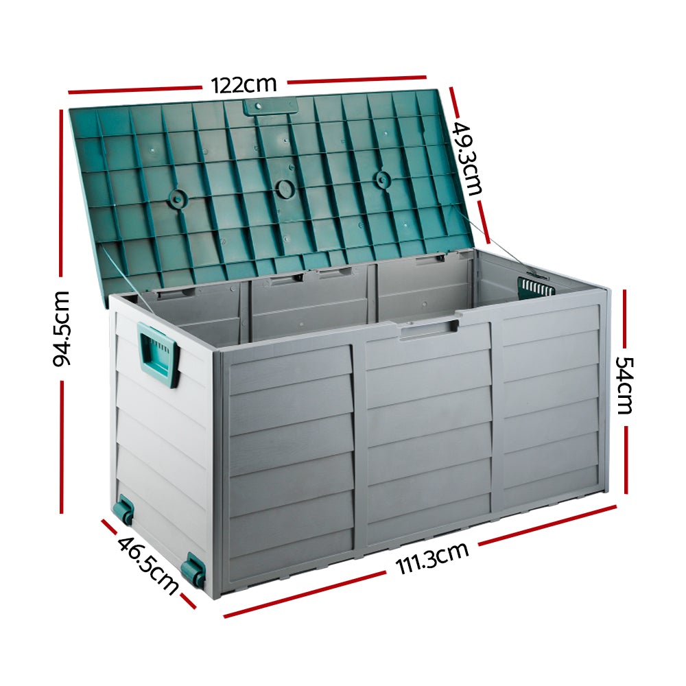 Gardeon 290L Outdoor Storage Box in green, showcasing its spacious design and lockable lid, ideal for outdoor and indoor storage.