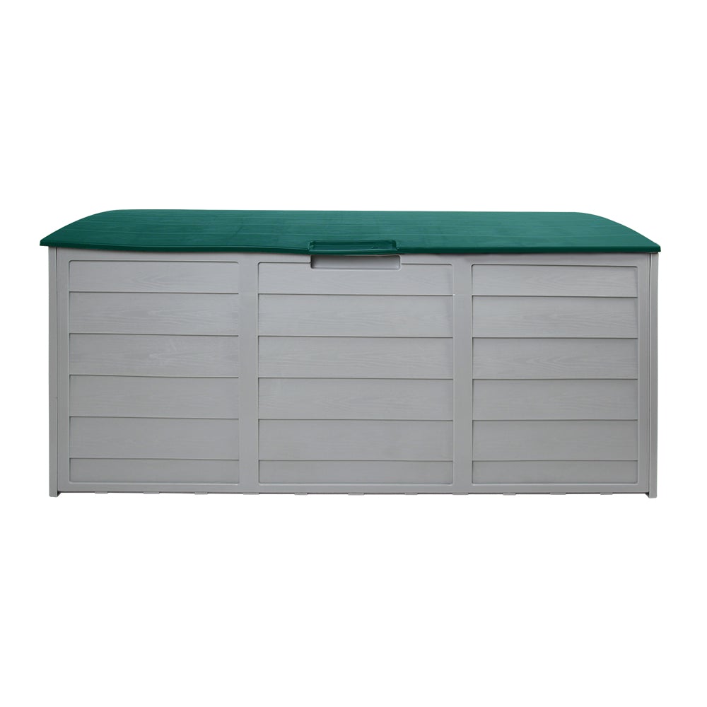 Gardeon 290L Outdoor Storage Box in green, showcasing its spacious design and lockable lid, ideal for outdoor and indoor storage.