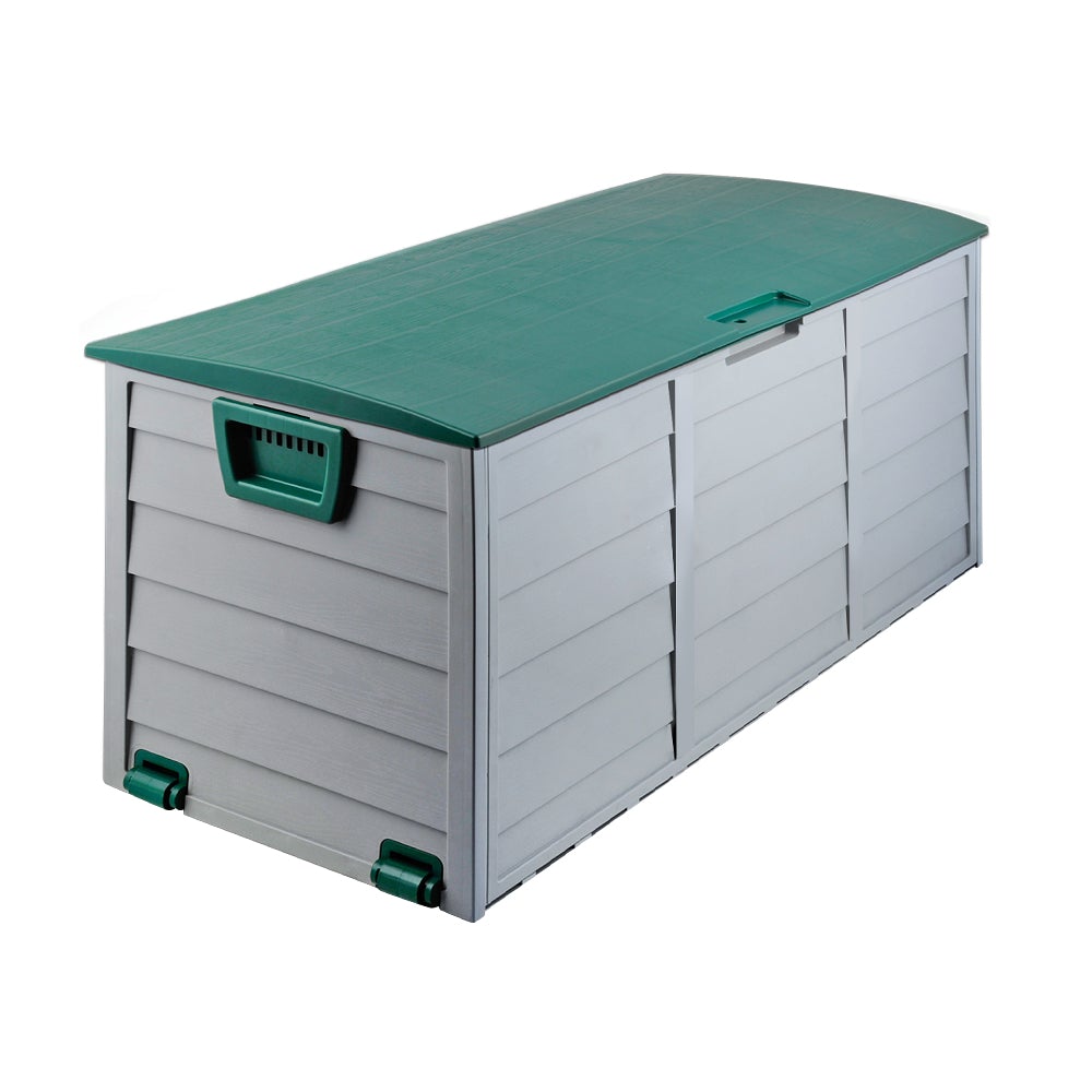 Gardeon 290L Outdoor Storage Box in green, showcasing its spacious design and lockable lid, ideal for outdoor and indoor storage.