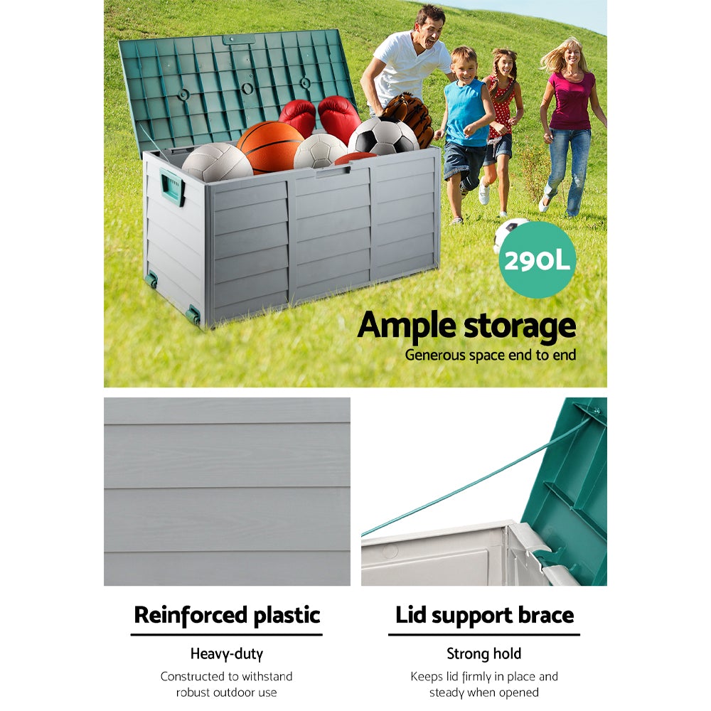 Gardeon 290L Outdoor Storage Box in green, showcasing its spacious design and lockable lid, ideal for outdoor and indoor storage.