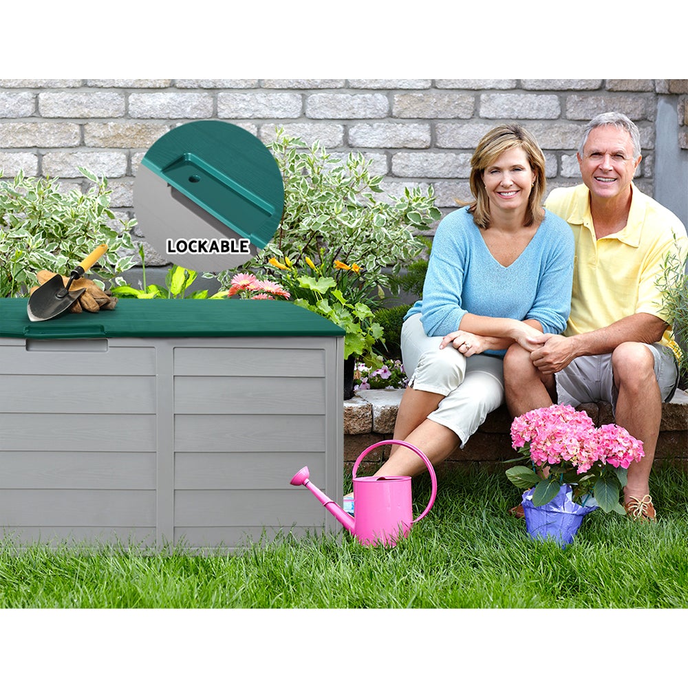 Gardeon 290L Outdoor Storage Box in green, showcasing its spacious design and lockable lid, ideal for outdoor and indoor storage.