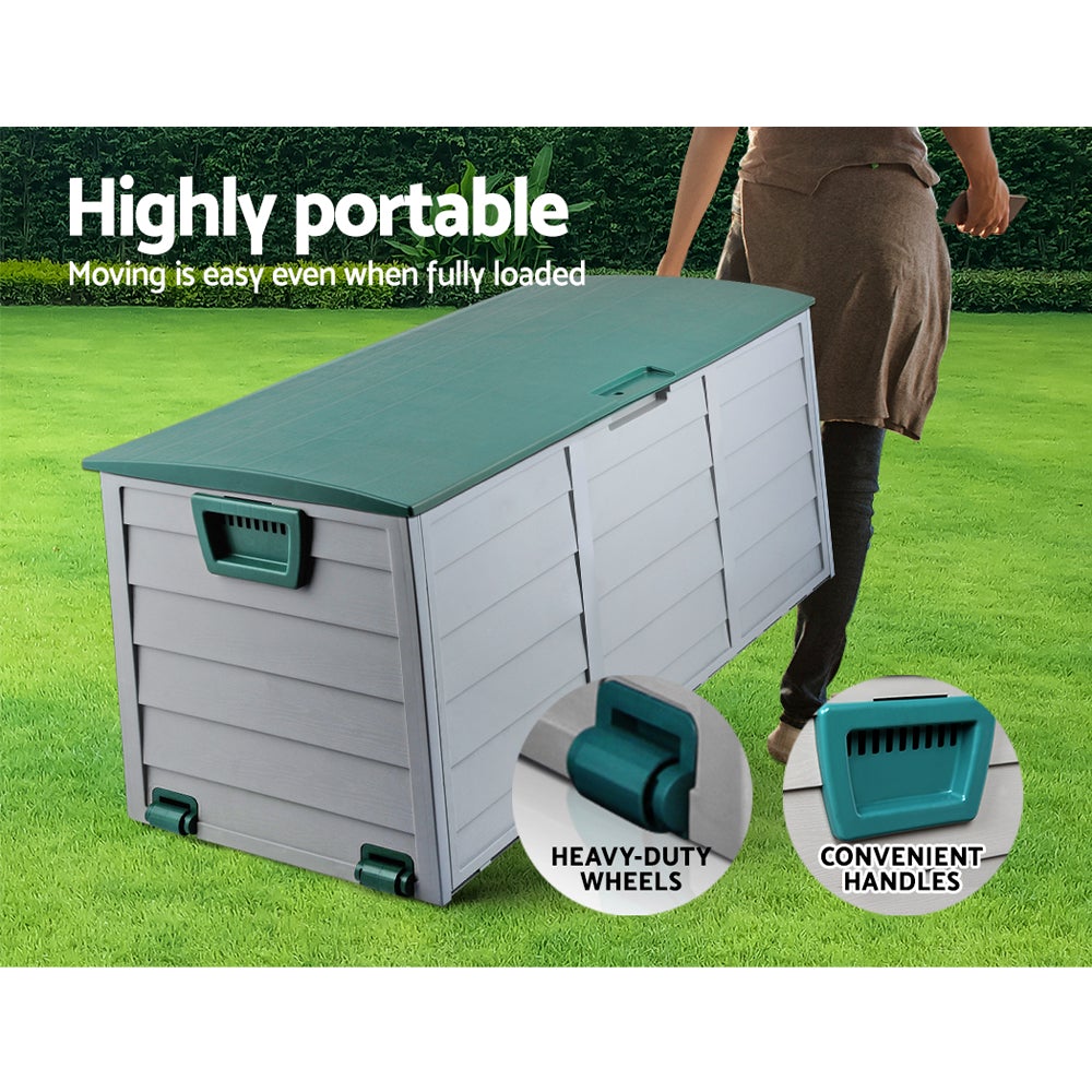 Gardeon 290L Outdoor Storage Box in green, showcasing its spacious design and lockable lid, ideal for outdoor and indoor storage.