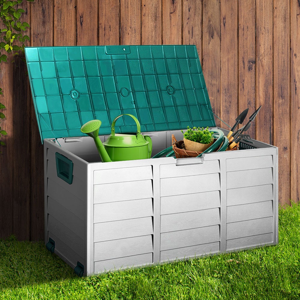 Gardeon 290L Outdoor Storage Box in green, showcasing its spacious design and lockable lid, ideal for outdoor and indoor storage.