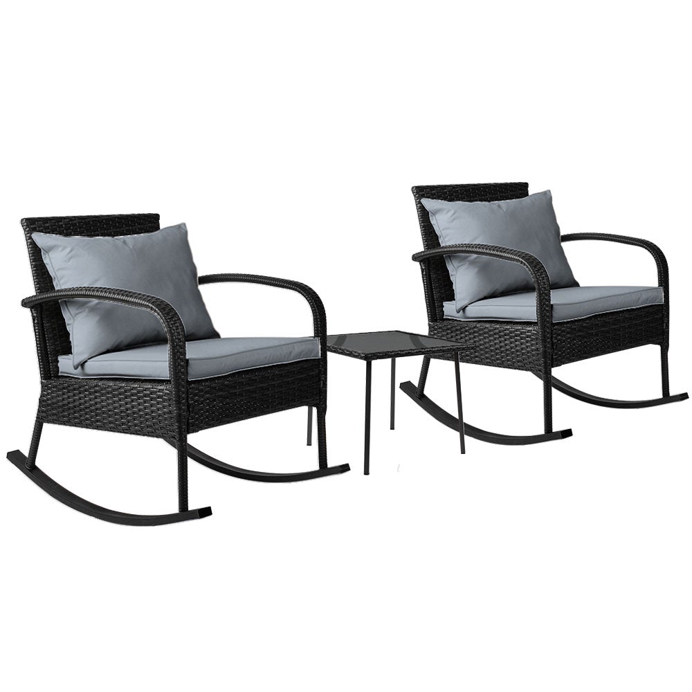 Gardeon 3 Piece Outdoor Chair Rocking Set in black featuring two rocking chairs and a tempered glass side table with cushions.