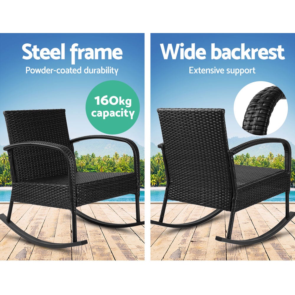 Gardeon 3 Piece Outdoor Chair Rocking Set in black featuring two rocking chairs and a tempered glass side table with cushions.