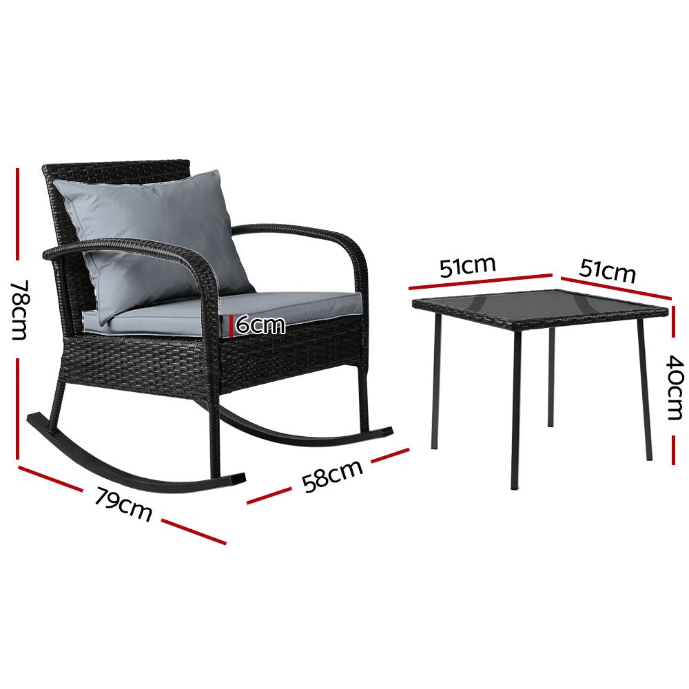 Gardeon 3 Piece Outdoor Chair Rocking Set in black featuring two rocking chairs and a tempered glass side table with cushions.