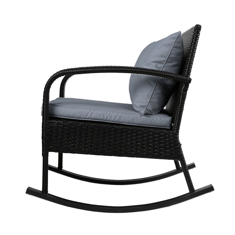 Gardeon 3 Piece Outdoor Chair Rocking Set in black featuring two rocking chairs and a tempered glass side table with cushions.