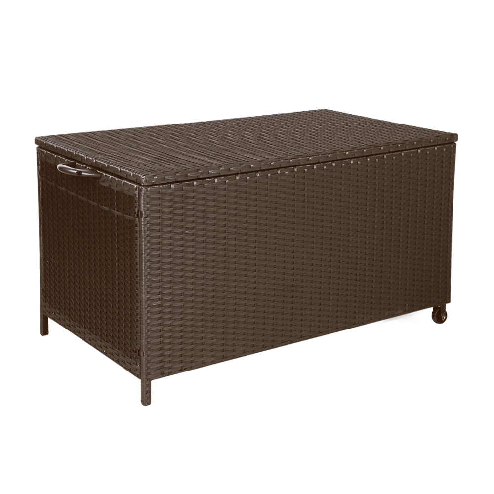 Gardeon 320L Outdoor Wicker Storage Box in brown, showcasing its stylish design and durable construction, perfect for outdoor storage.