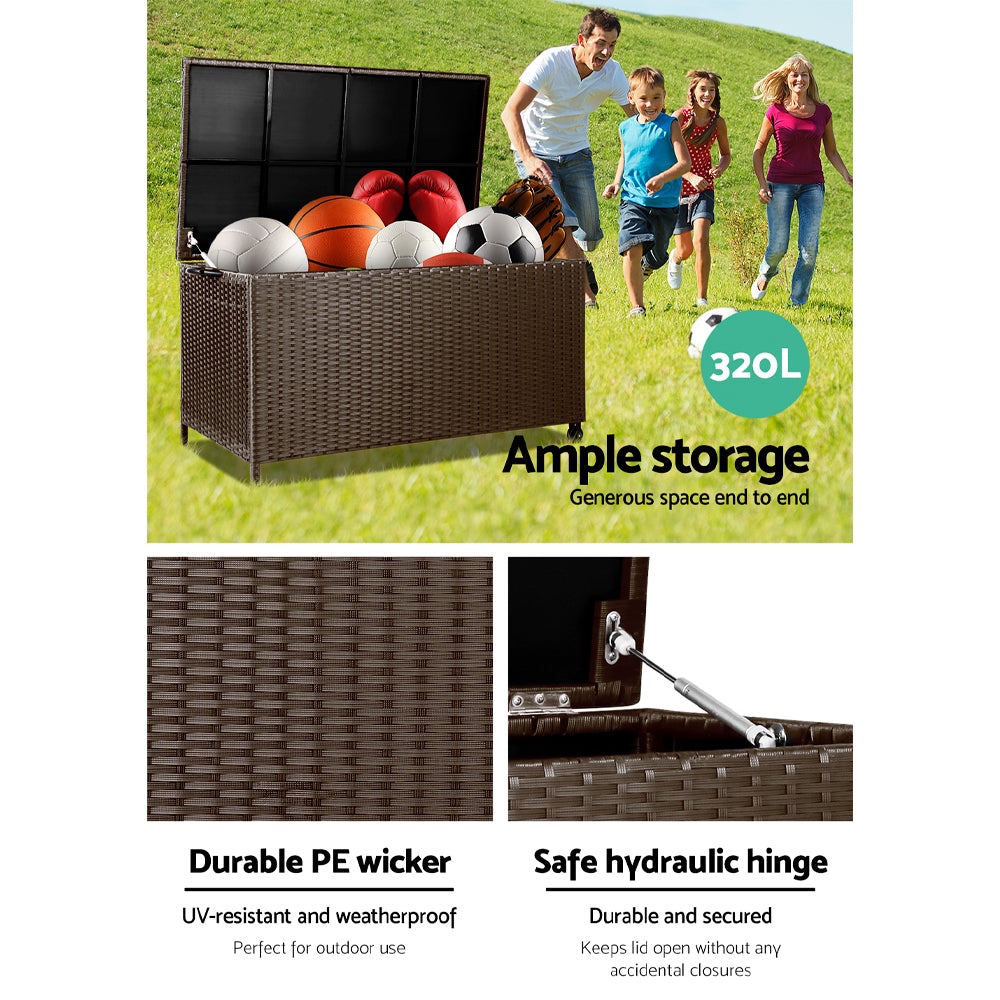 Gardeon 320L Outdoor Wicker Storage Box in brown, showcasing its stylish design and durable construction, perfect for outdoor storage.