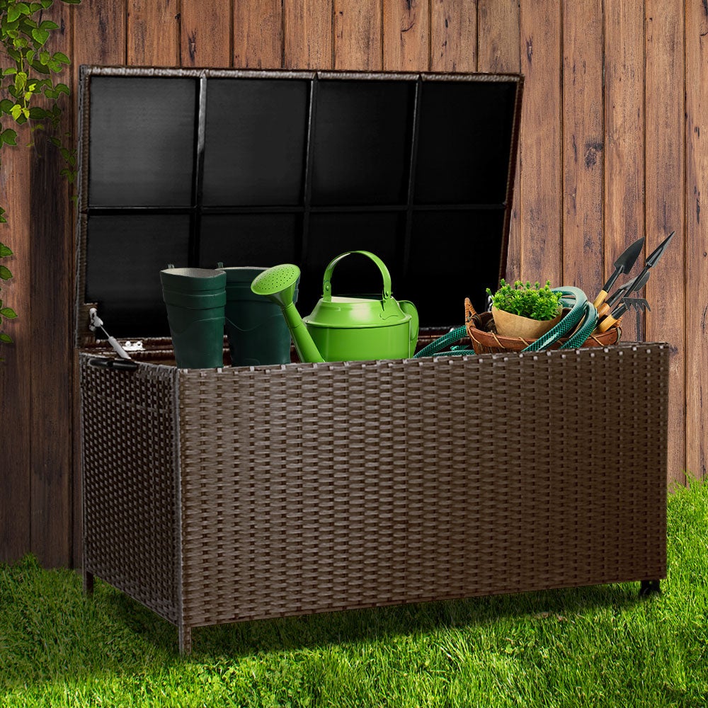 Gardeon 320L Outdoor Wicker Storage Box in brown, showcasing its stylish design and durable construction, perfect for outdoor storage.