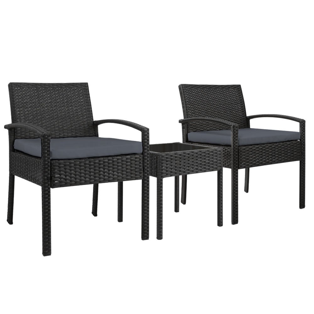 Gardeon 3-piece Outdoor Set in Black featuring two chairs and a side table with cushions, perfect for outdoor relaxation.