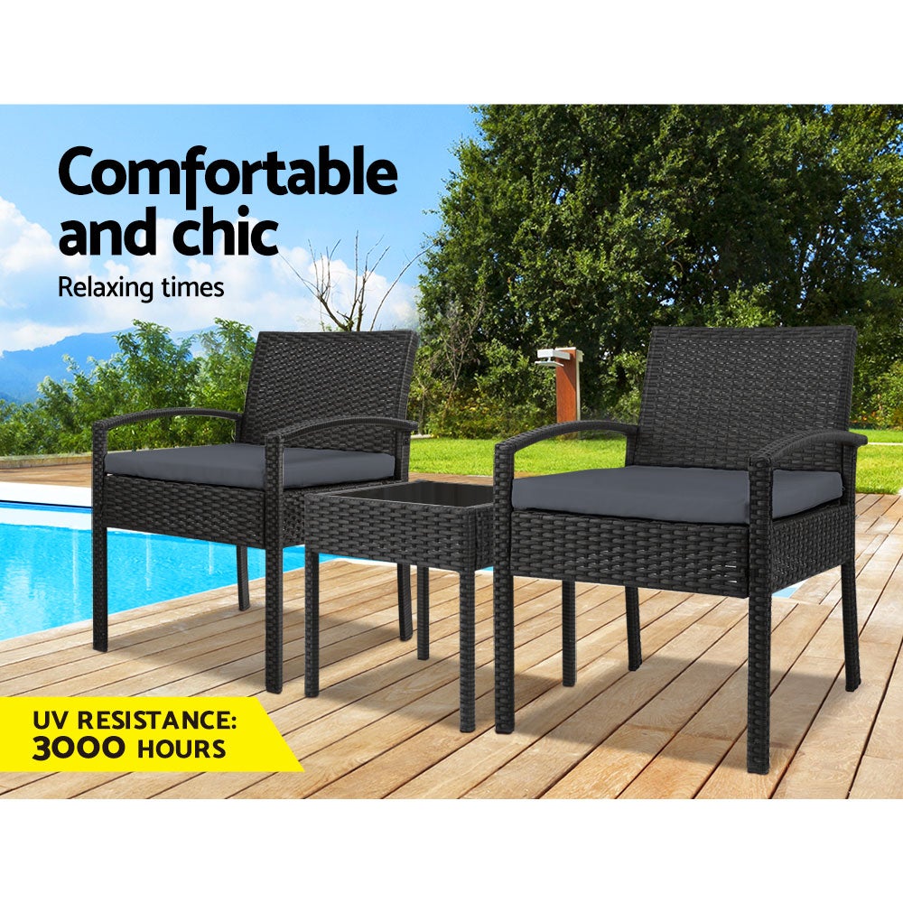 Gardeon 3-piece Outdoor Set in Black featuring two chairs and a side table with cushions, perfect for outdoor relaxation.