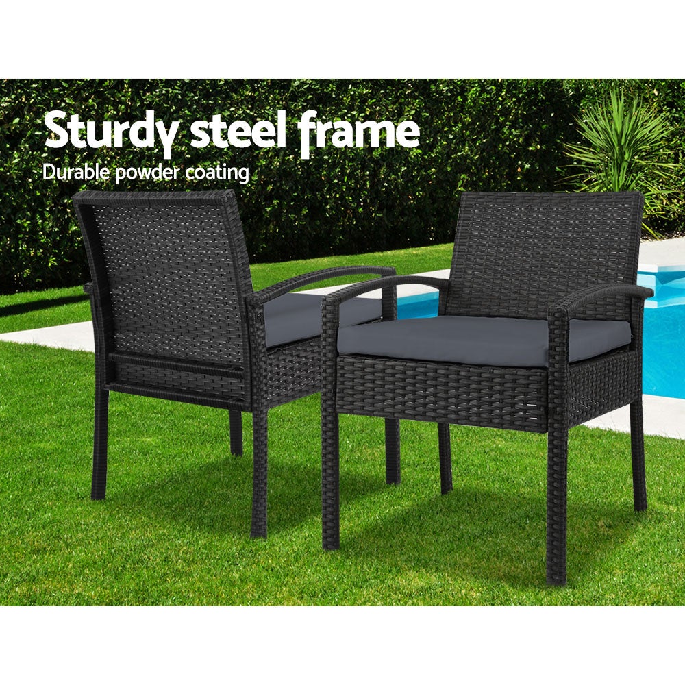 Gardeon 3-piece Outdoor Set in Black featuring two chairs and a side table with cushions, perfect for outdoor relaxation.